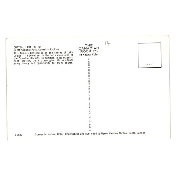 Vintage Chateau Lake Louise Postcard Banff Canadian Rockies Byron Harmon Photos - Picture 2 of 2